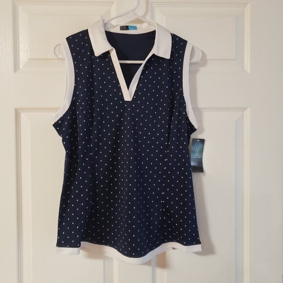 PGA Tour Women's Airflux UPF 50 Sleeveless Golf Shirt Navy White Dot Sz L NWT - Picture 1 of 10
